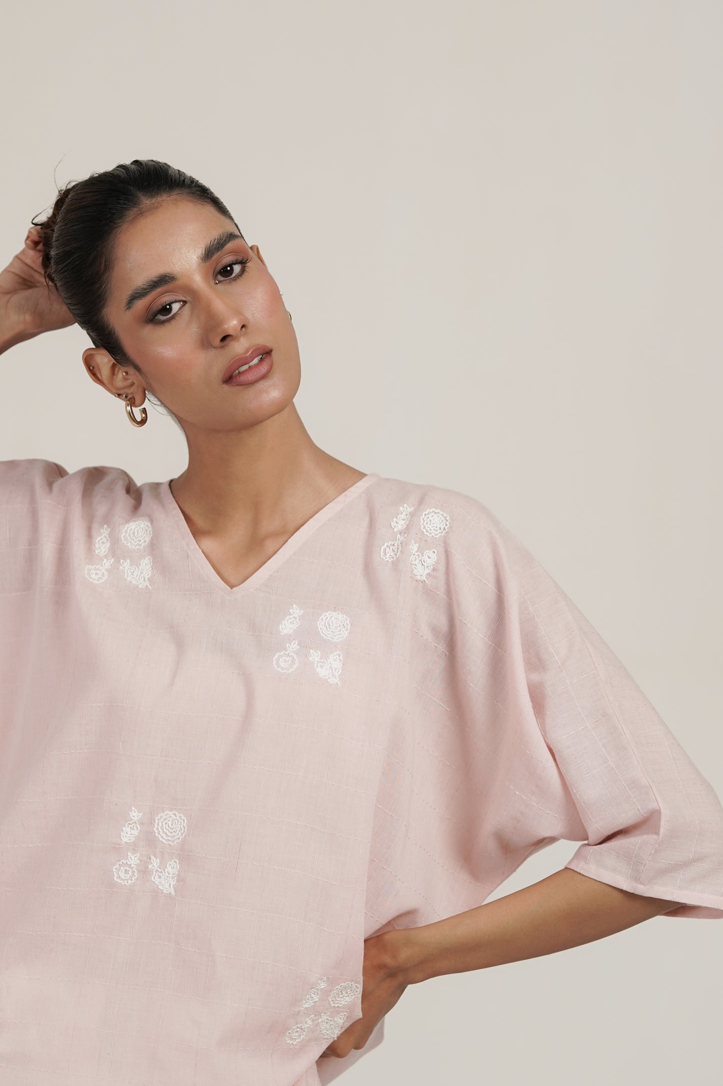 Elena Hand Embroidered Pink Cotton Top