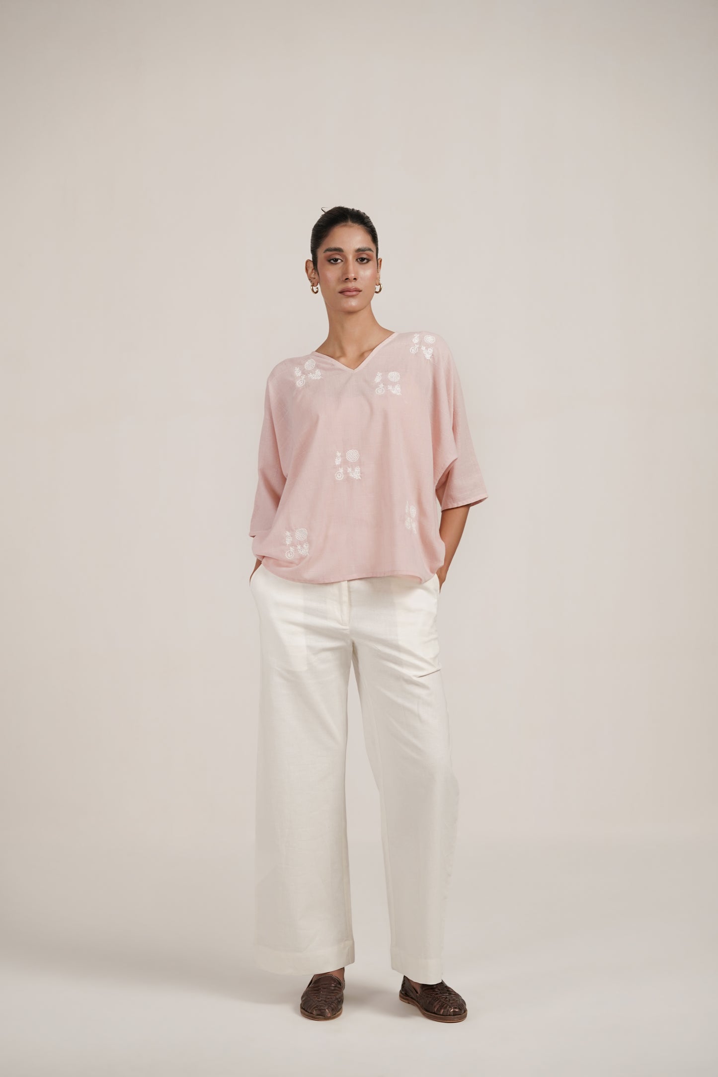 Elena Hand Embroidered Pink Cotton Top