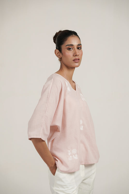 Elena Hand Embroidered Pink Cotton Top